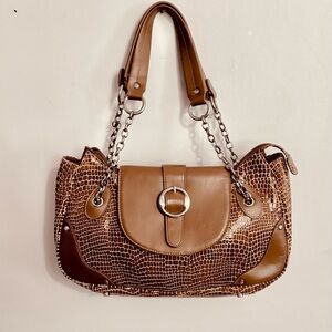 Charlie Lapson purse handbag in brown croc embossed leather medium size 6"x 11"